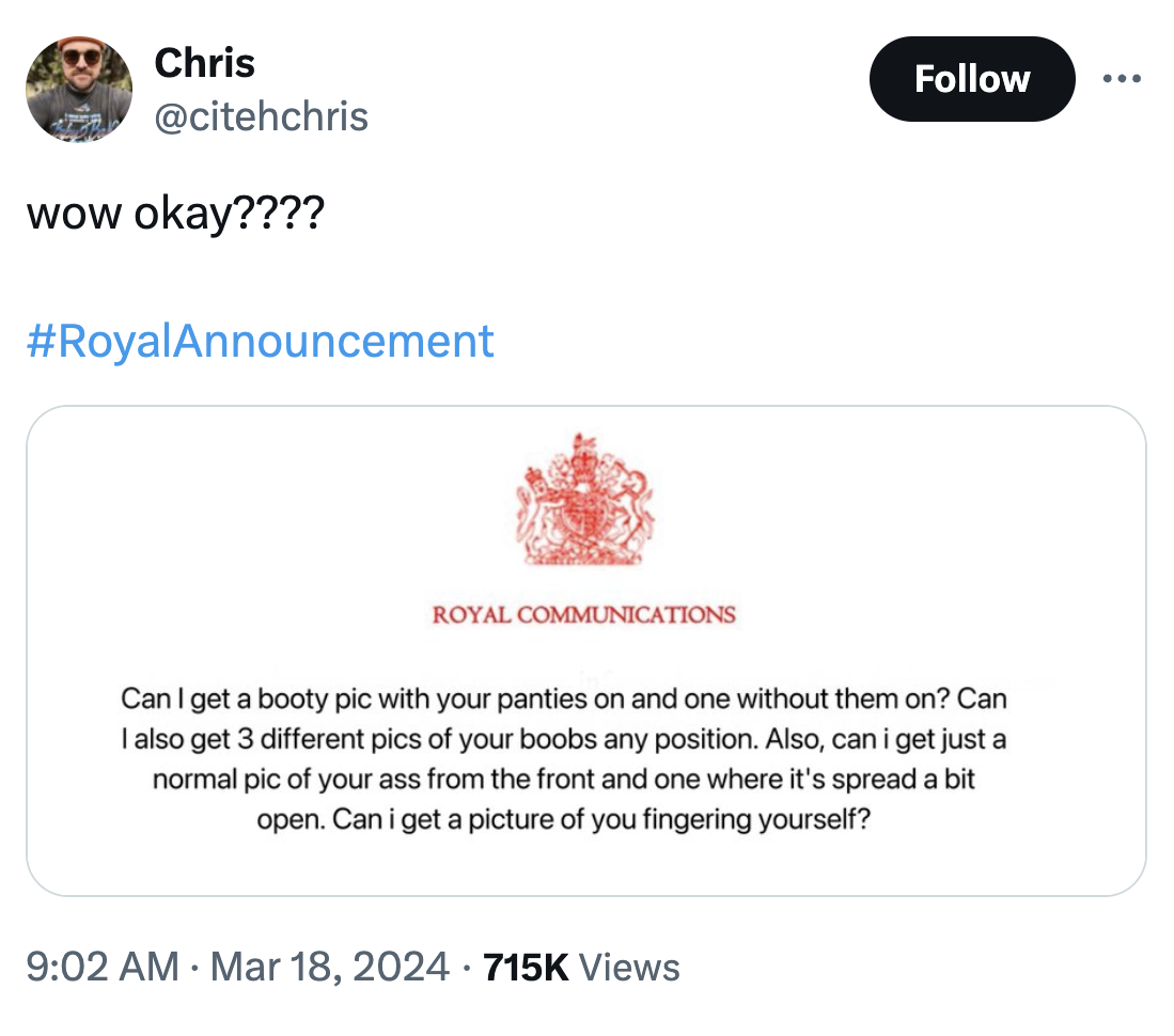 screenshot - Chris wow okay???? Announcement Royal Communications Can I get a booty pic with your panties on and one without them on? Can I also get 3 different pics of your boobs any position. Also, can i get just a normal pic of your ass from the front 